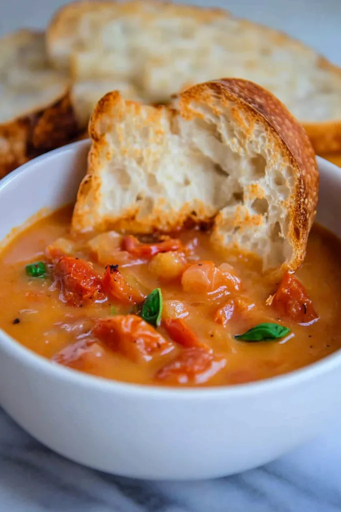 Comforting meal showing golden-brown toasted bread beside the bowl.