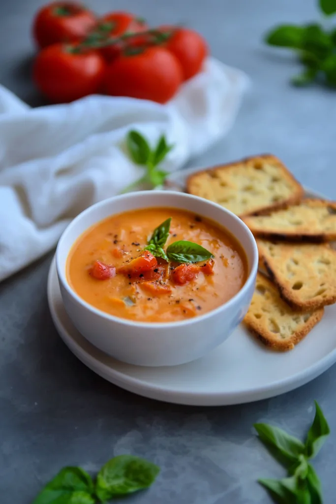 Bowl of creamy tomato soup topped with fresh basil leaves.