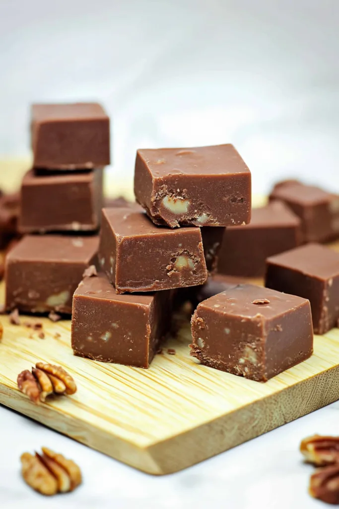 Freshly cut fudge pieces arranged casually, with visible nut details.