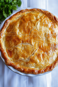 Warm, rustic pie with a perfectly browned surface.