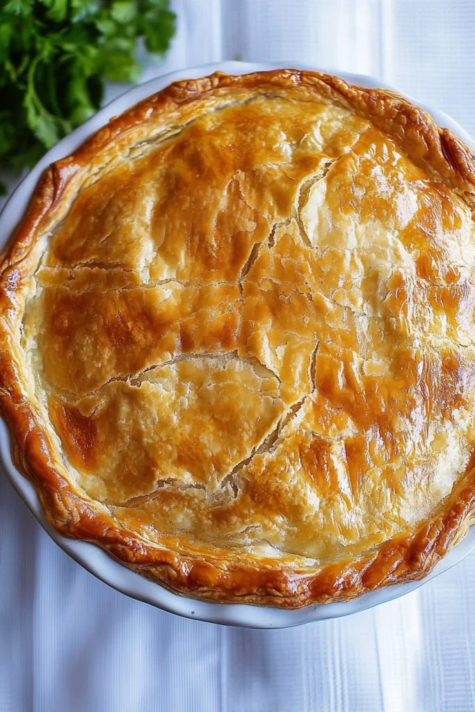 Warm, rustic pie with a perfectly browned surface.