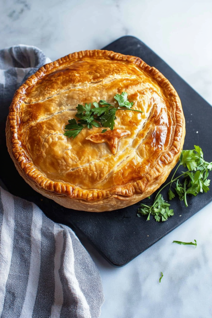 Pie topped with parsley leaves, set on a striped cloth.