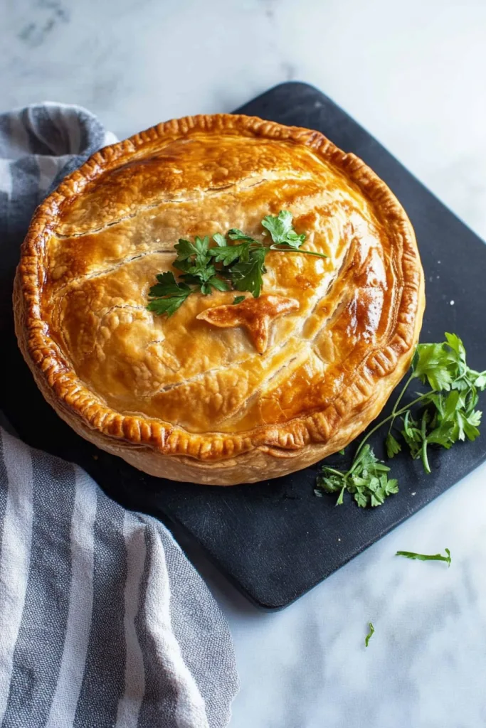 Pie topped with parsley leaves, set on a striped cloth.