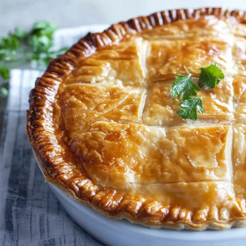 Freshly baked savory pie resting in a white ceramic dish.
