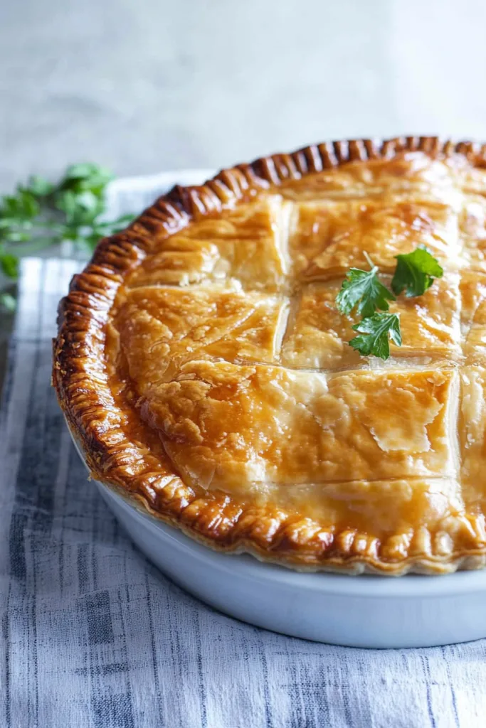 Freshly baked savory pie resting in a white ceramic dish.
