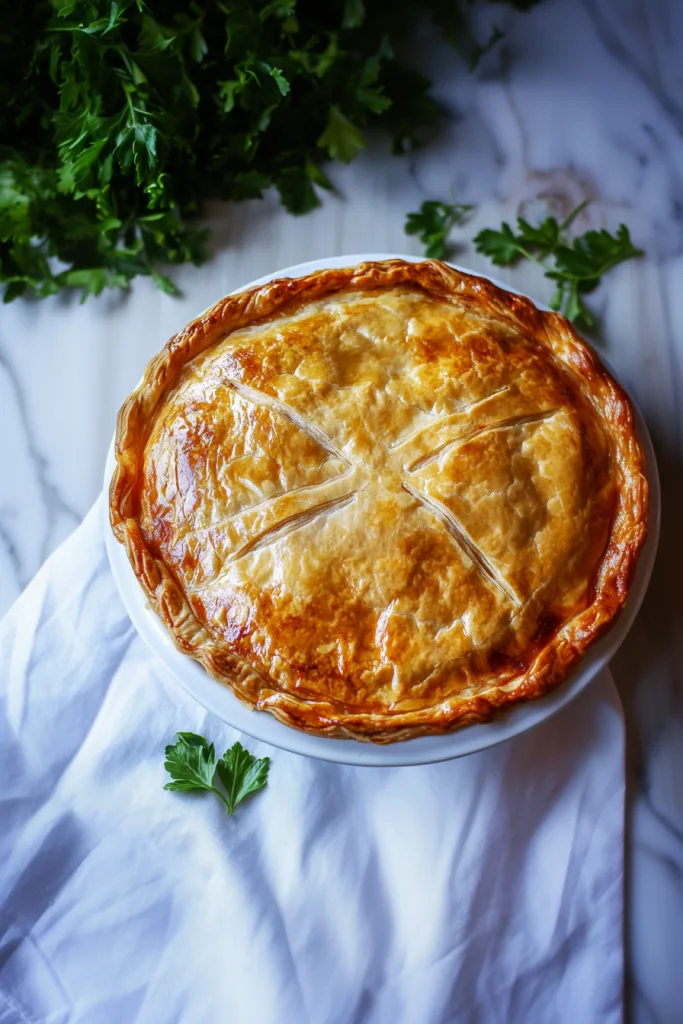 Golden-brown pie with a glossy crust and crimped edges.