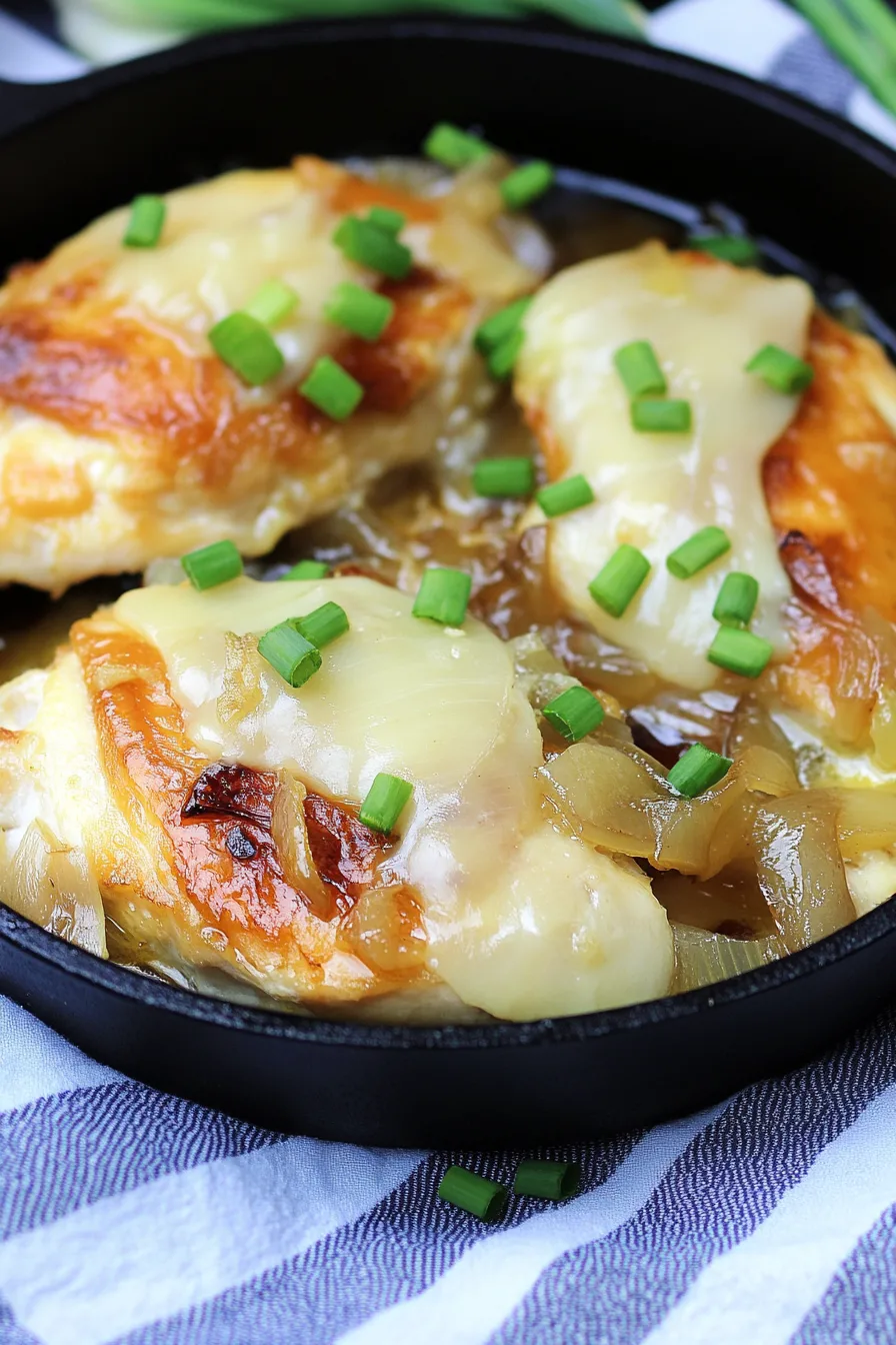 Savory cheesy chicken topped with caramelized onion slices and fresh green onions in a rustic pan.
