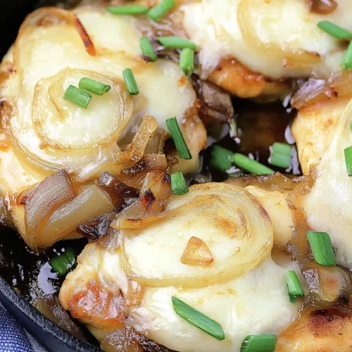 Tender skillet chicken covered with bubbly melted cheese and sweet browned onions, ready to serve.