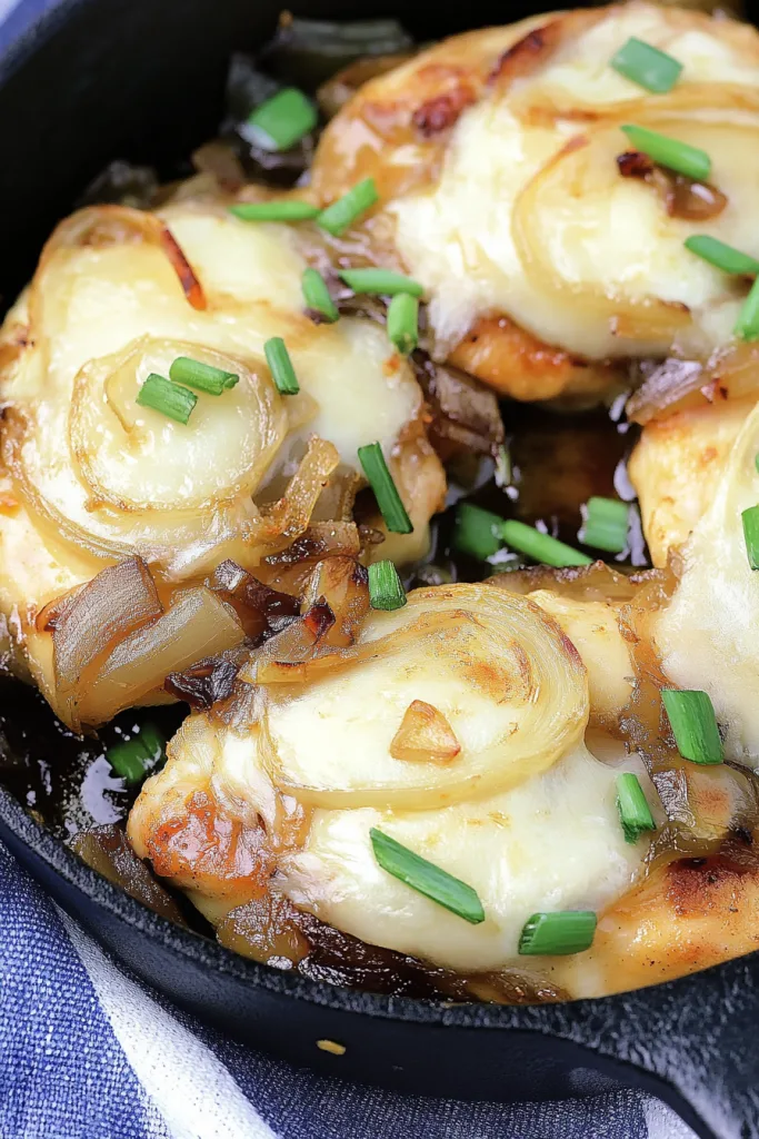 Tender skillet chicken covered with bubbly melted cheese and sweet browned onions, ready to serve.