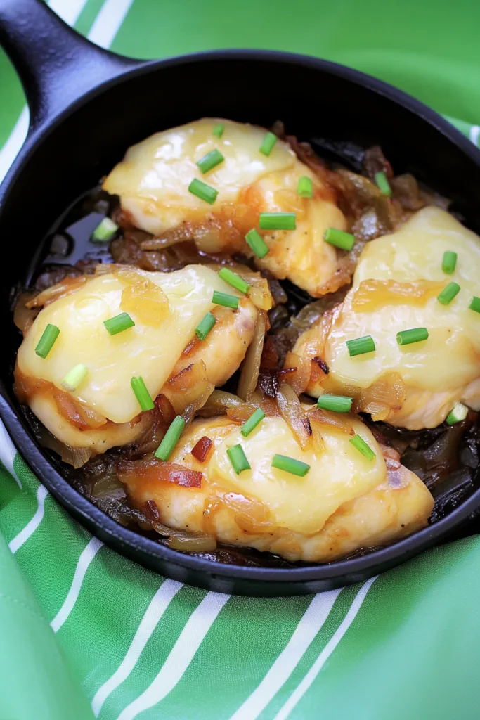 Juicy oven-baked chicken smothered in rich onion gravy and melted cheese for a comforting dinner.