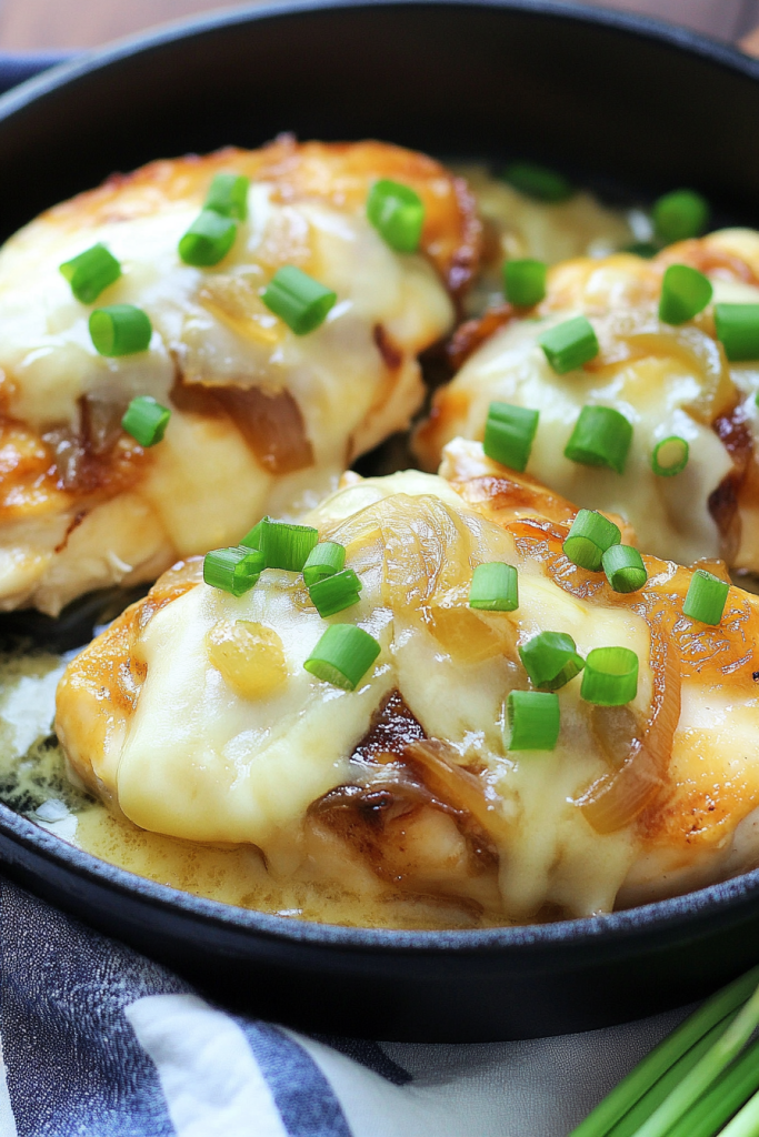 Golden baked chicken topped with melted cheese, caramelized onions, and fresh chopped chives in a skillet.