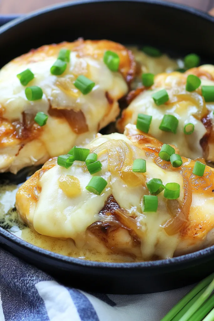 Golden baked chicken topped with melted cheese, caramelized onions, and fresh chopped chives in a skillet.