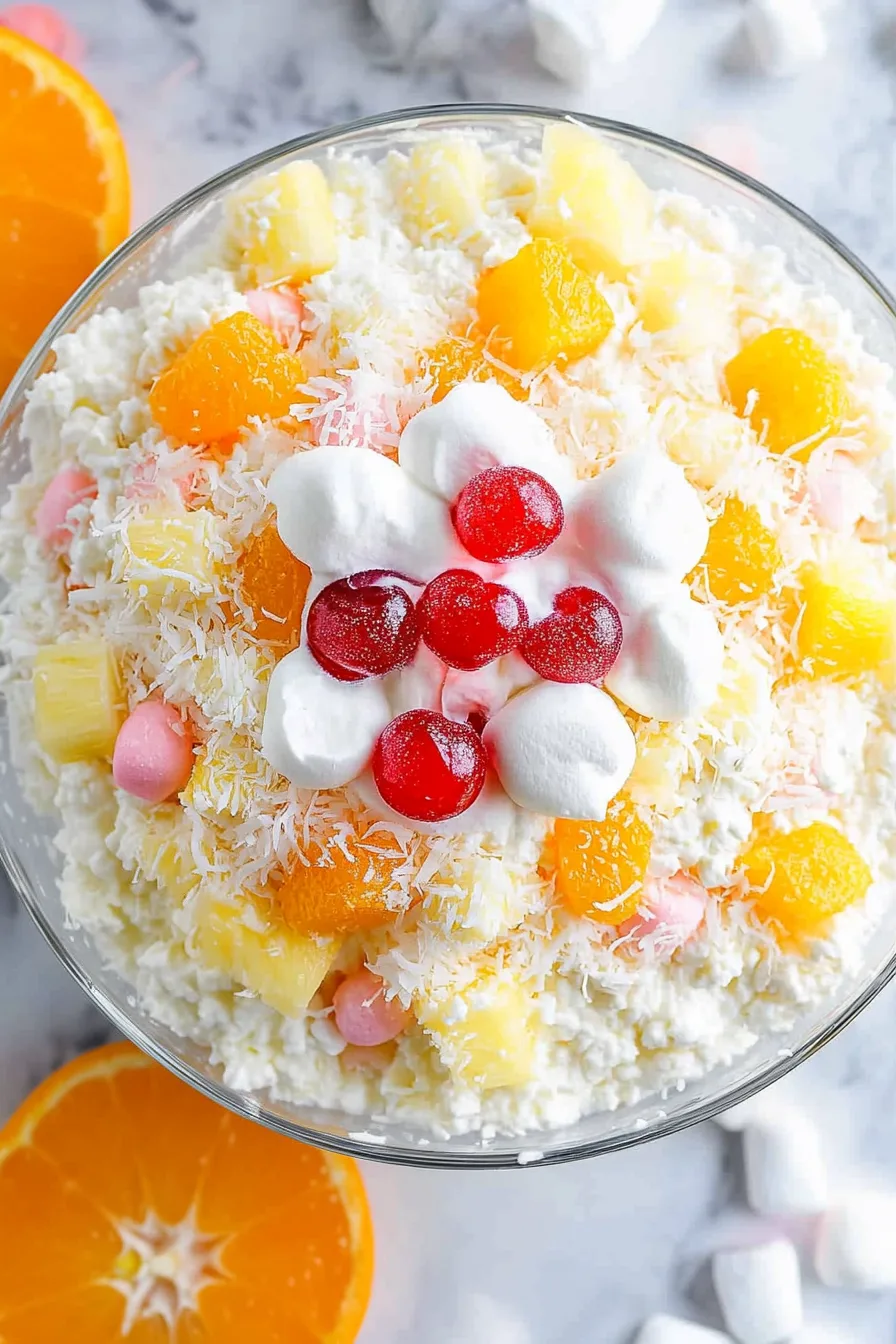 Ambrosiaโstyle dessert arranged in a glass bowl, finished with cherries in the center.
