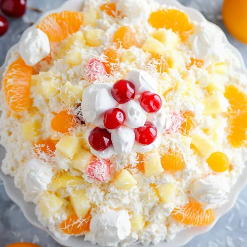 Decorative serving of sweet salad with colorful fruit pieces and whipped cream.