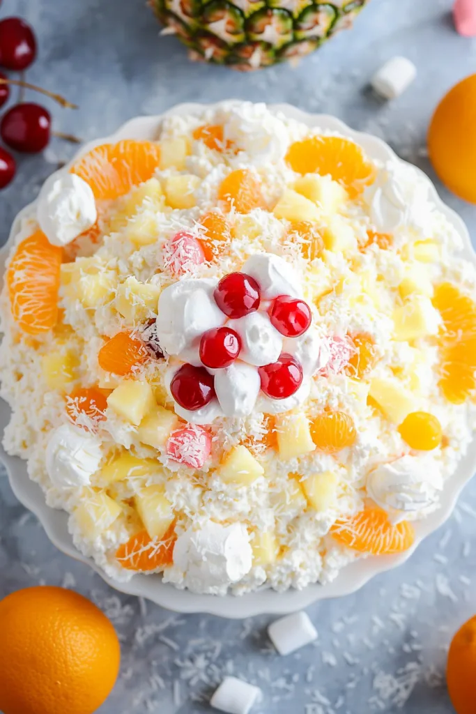 Decorative serving of sweet salad with colorful fruit pieces and whipped cream.