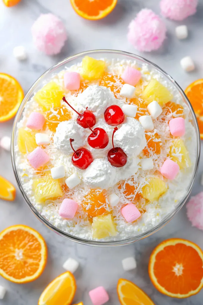 Creamy fruit salad topped with bright red cherries and a sprinkle of coconut.