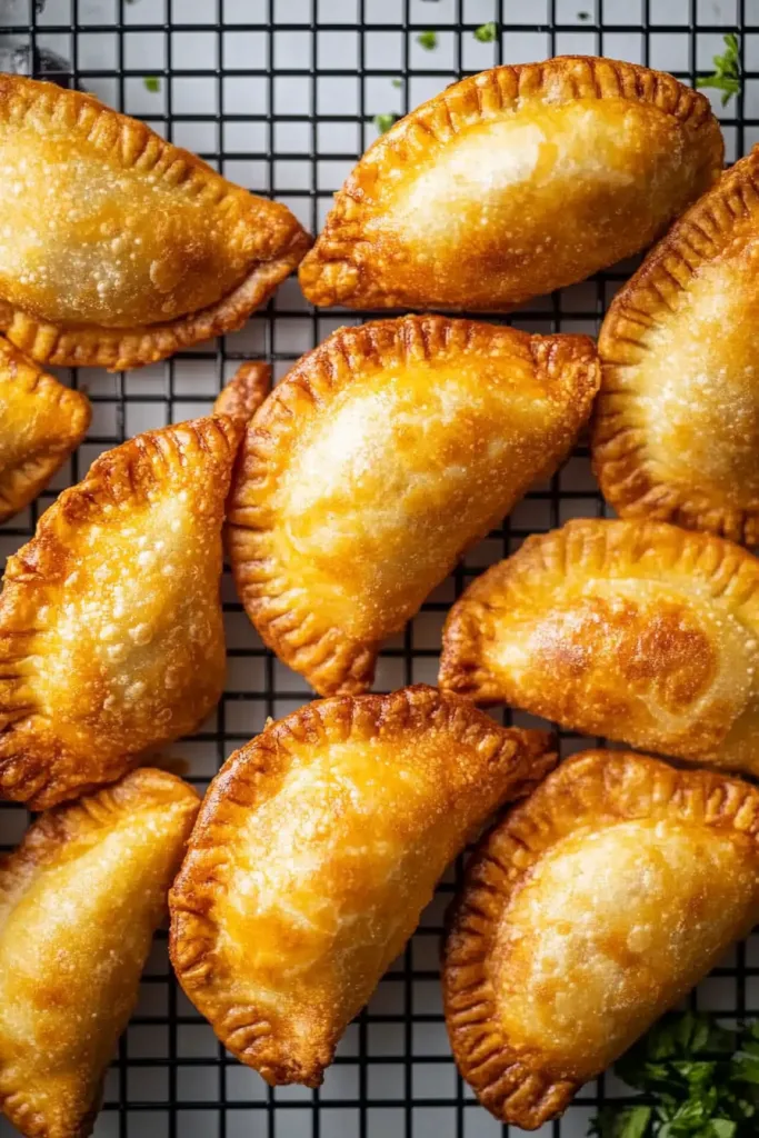 Crisp, flaky empanadas with crimped edges arranged neatly.