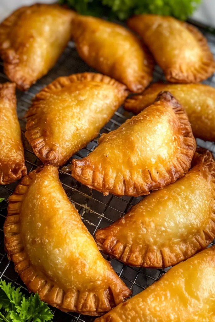 Golden-brown half-moon pastries cooling on a wire rack.