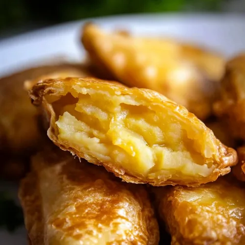 Freshly cooked empanadas with warm tones and leafy garnish in the background.