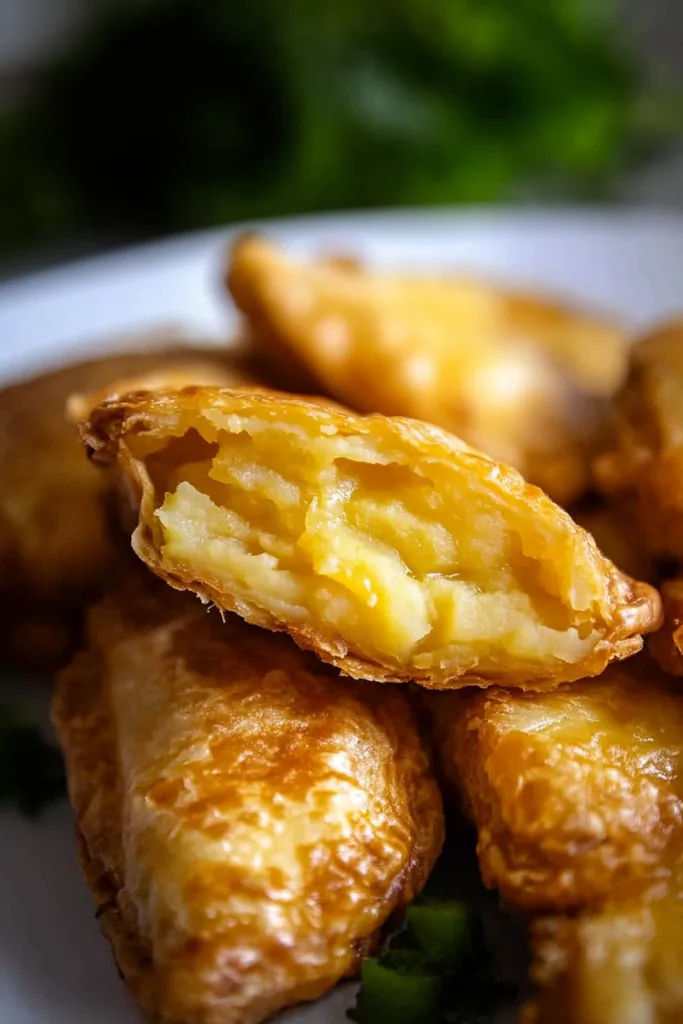 Freshly cooked empanadas with warm tones and leafy garnish in the background.