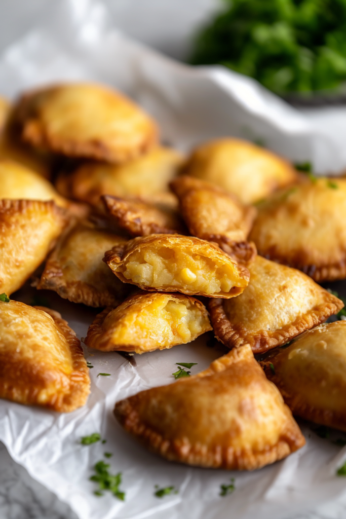 Batch of hand pies with browned crust highlighting their sealed edges.