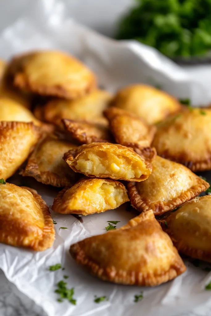 Batch of hand pies with browned crust highlighting their sealed edges.