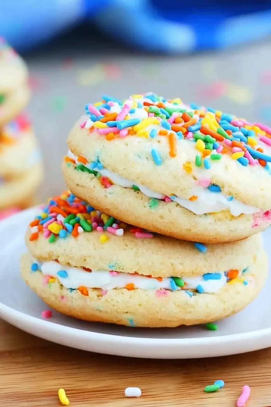 Two sandwich cookies with colorful sprinkles and creamy filling on a wooden surface.