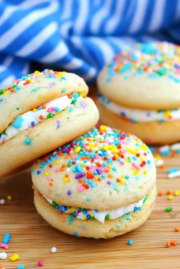 Playful dessert with multicolored sprinkles and a striped cloth in the background.