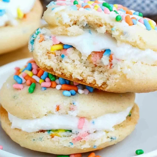 Homemade-style sandwich cookies showing creamy center and vibrant decoration.
