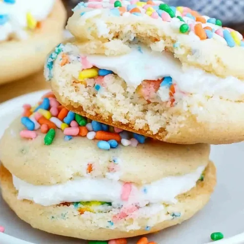Homemade-style sandwich cookies showing creamy center and vibrant decoration.