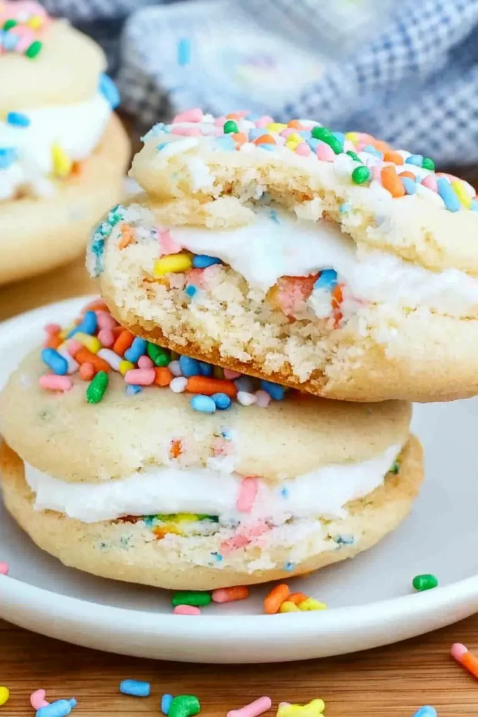 Homemade-style sandwich cookies showing creamy center and vibrant decoration.