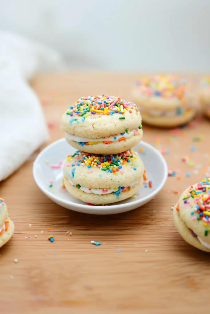 Festive cookies filled with white cream, topped with bright sprinkles.