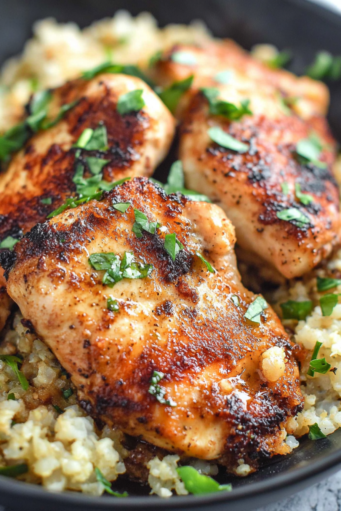 Close-up of seared chicken with a crispy exterior and buttery glaze over rice.