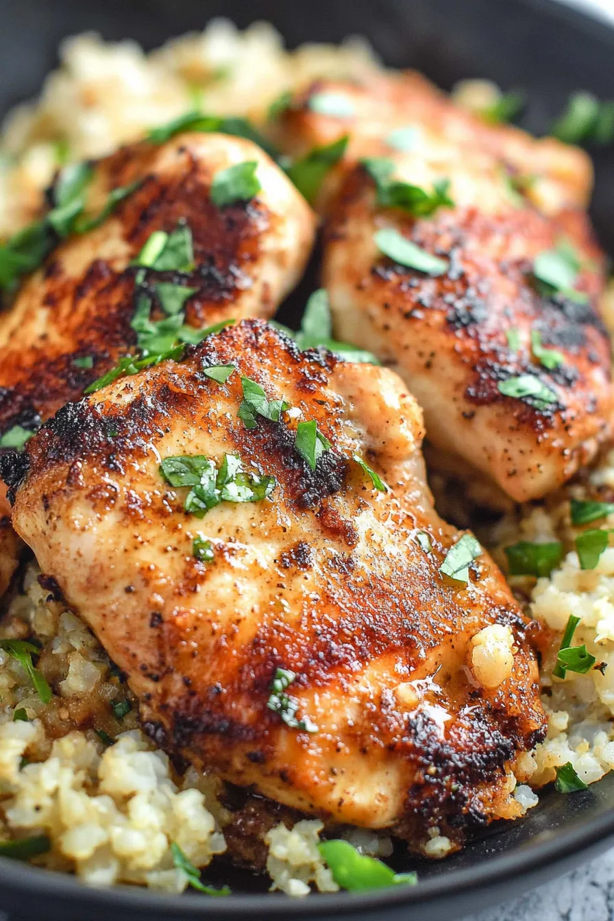 Close-up of seared chicken with a crispy exterior and buttery glaze over rice.