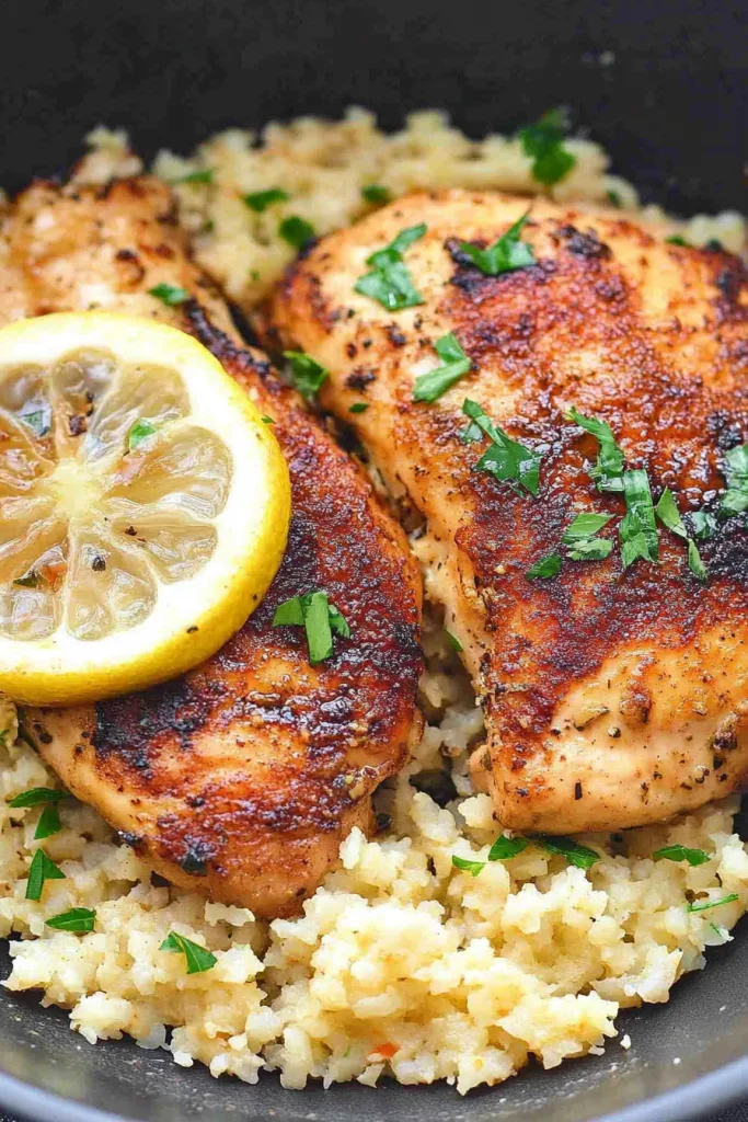 Juicy garlic butter chicken arranged neatly on rice, highlighting charred edges and creamy texture.