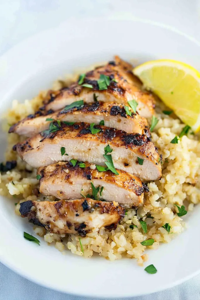 Savory chicken served on a white plate with parmesan cauliflower rice and sprinkled parsley.
