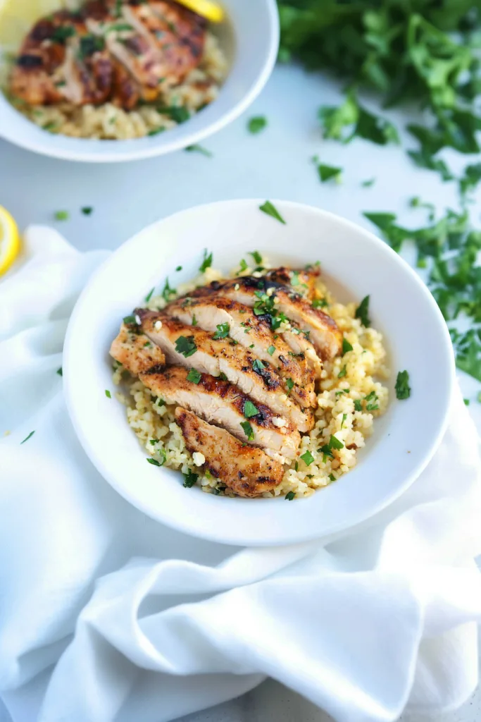 Golden-brown chicken pieces resting on a fluffy bed of cauliflower rice, garnished with fresh herbs.