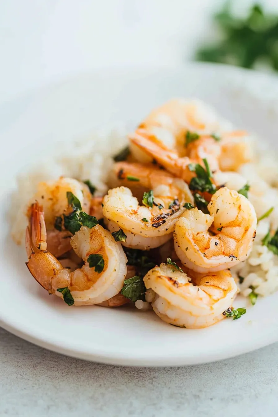 Final dish presentation: shrimp with a light char, paired with rice and fresh cilantro leaves.