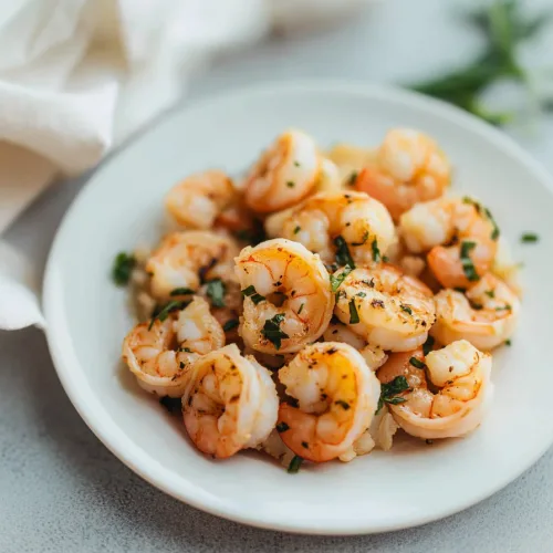 Herb-seasoned shrimp plated simply, showcasing the contrast of pink shells and green garnish.