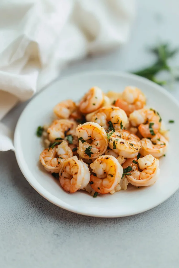 Herb-seasoned shrimp plated simply, showcasing the contrast of pink shells and green garnish.