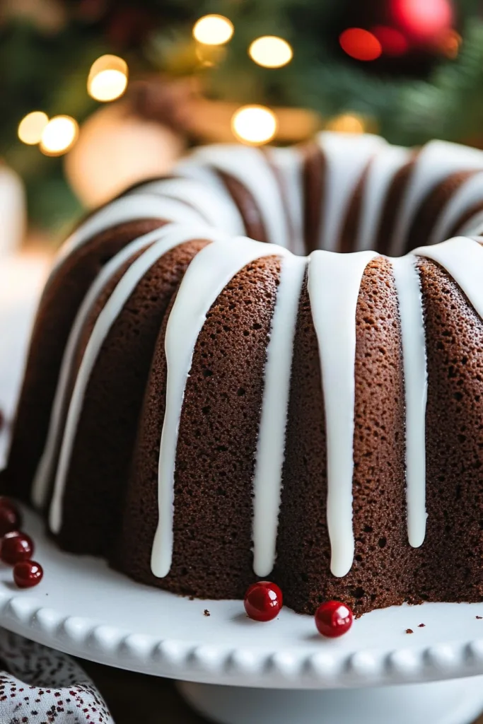 Festive ring-shaped cake topped with powdered sugar and surrounded by cozy seasonal dรฉcor.