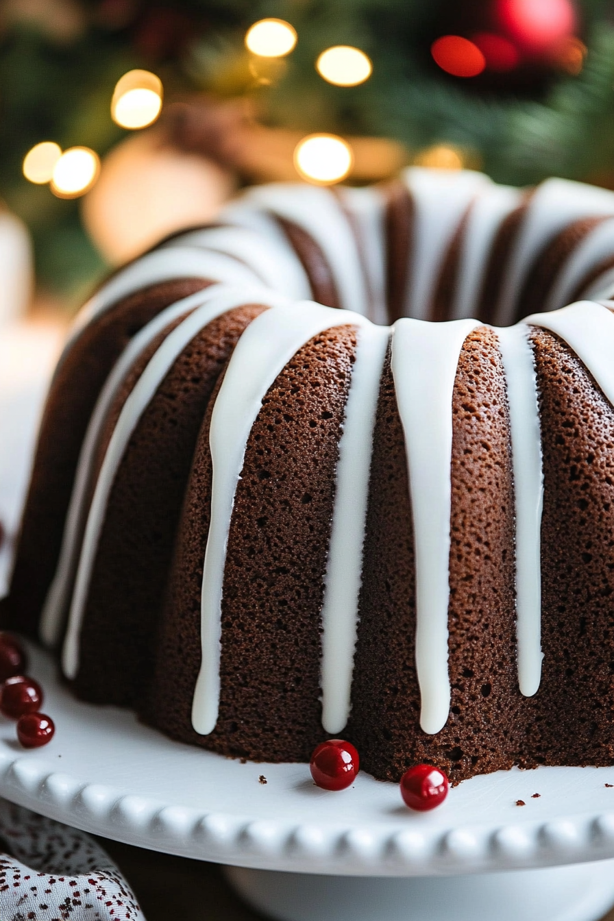 Festive ring-shaped cake topped with powdered sugar and surrounded by cozy seasonal décor.