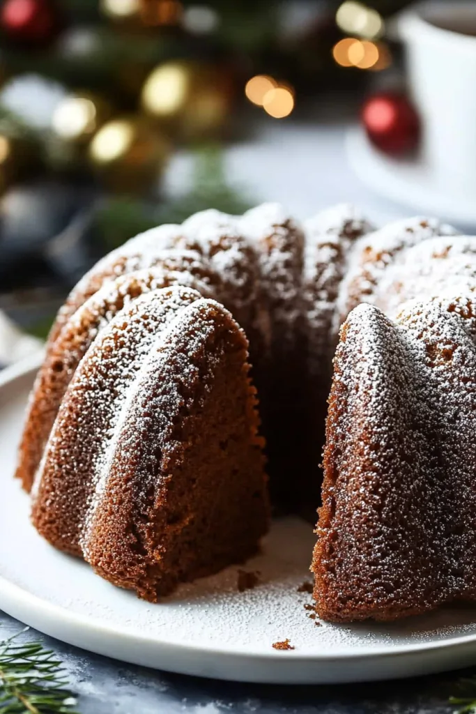 Homemade holiday cake with deep golden edges and a light dusting of confectionersโ sugar.