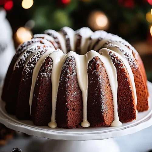 Rich spiced cake with a festive powdered sugar topping served on a white cake stand.