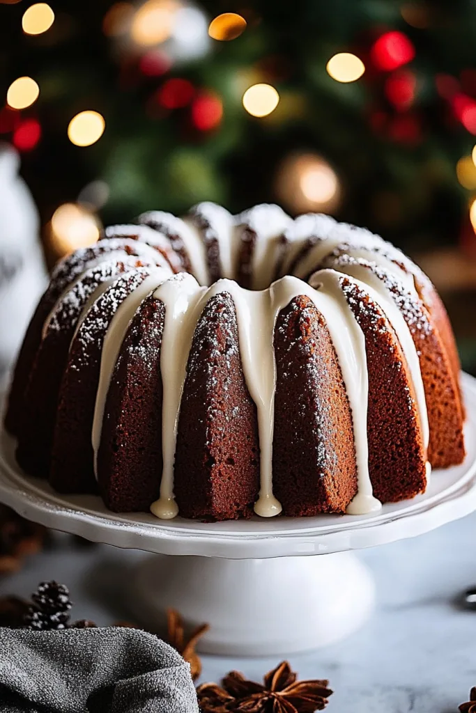 Rich spiced cake with a festive powdered sugar topping served on a white cake stand.