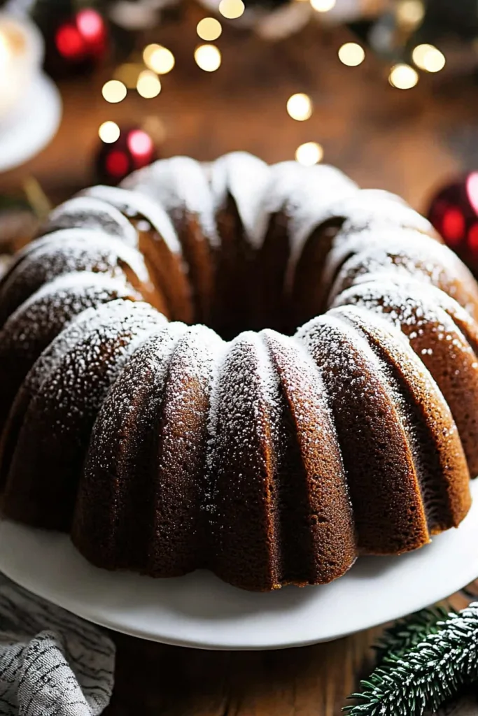 Moist bundt cake dusted with powdered sugar and styled with warm holiday lights in the background.