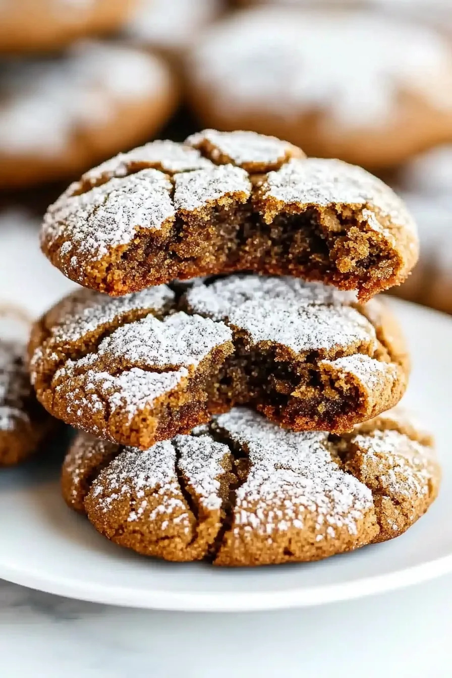 Stack of soft molasses cookies dusted with powdered sugar on a white plate.