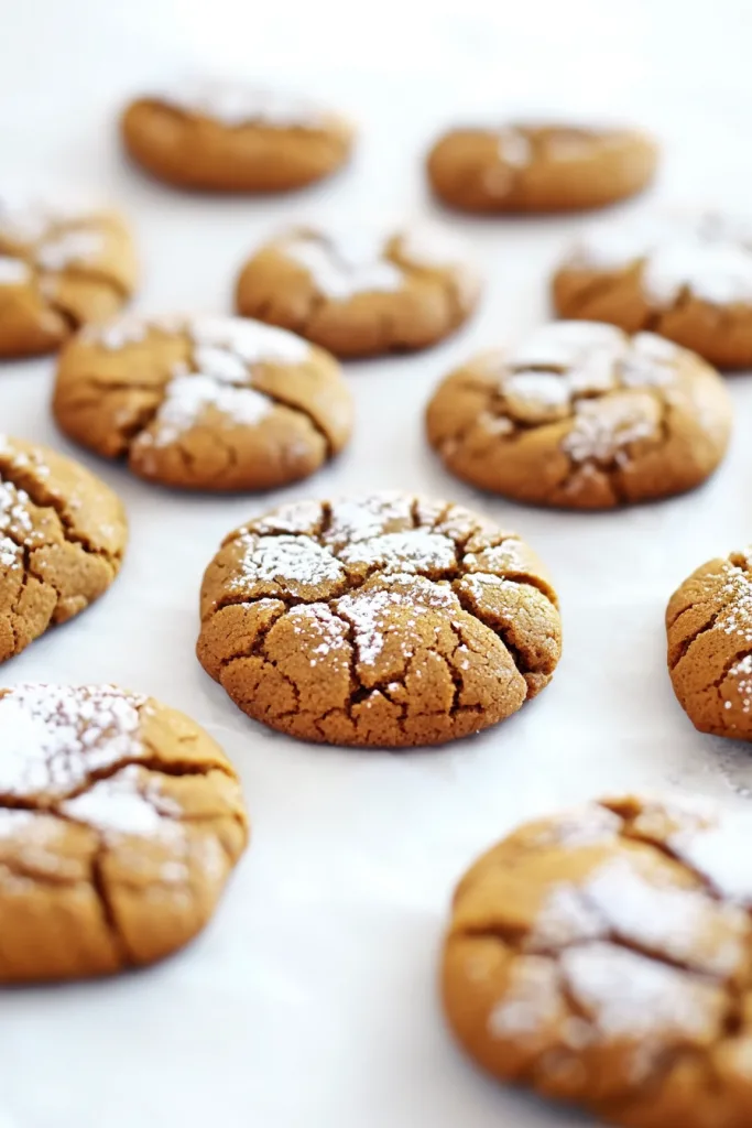 Homemade dessert presentation highlighting the contrast between dark cookie and white sugar.