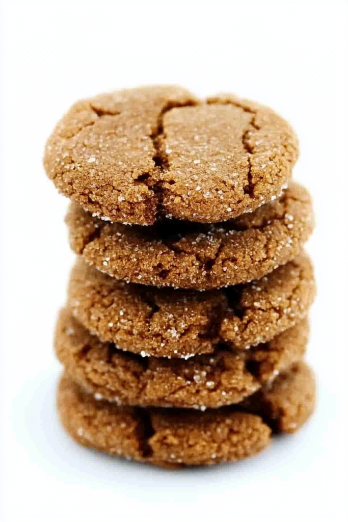 Freshly baked gingersnap cookies stacked together with warm spice flavors.