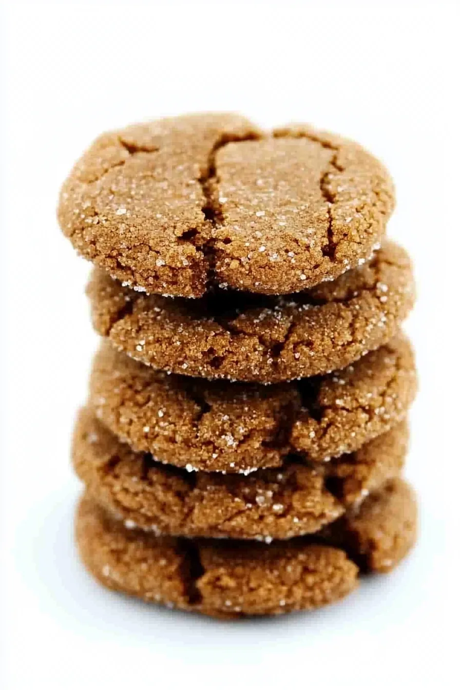 Freshly baked gingersnap cookies stacked together with warm spice flavors.